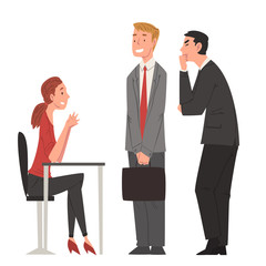 HR Manager Talking with Candidates, Two Businessmen Having Job Interview at Headhunting Company, Business Meeting, Recruitment and Employment Process Vector Illustration