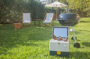 Summertime fun. Barbecue for summer family dinner in the backyard of the house.