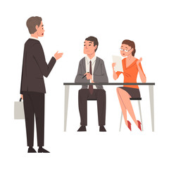 HR Managers Talking with Male Candidate, Businessman Having Job Interview at Headhunting Company, Business Meeting Vector Illustration