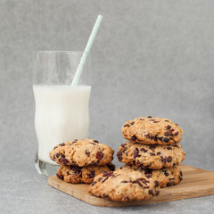 Fresh organic homemade cookies with chocolate chips and dried berries on wooden board with glass of milk on table