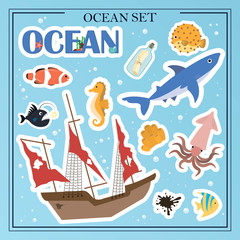 A set of flat sea animals. Marine life, animals, plants, sunken objects, ship, anchor, calligraphy. Designer set of cartoon vector illustrations on a white background. Design for books, web, children