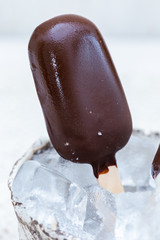 Home made raw vegan ice cream with ice cubes in a white bowl with blurred white background.
