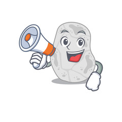Mascot design of white planctomycetes announcing new products on a megaphone