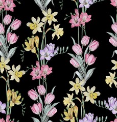 Spring flowers on a black background. Seamless pattern with tulips daffodils and freesia.