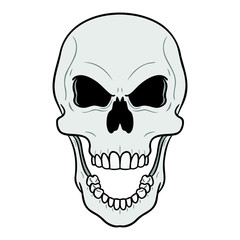 evil laughing skull with angry eyes. gray, black, vector comic, drawing.