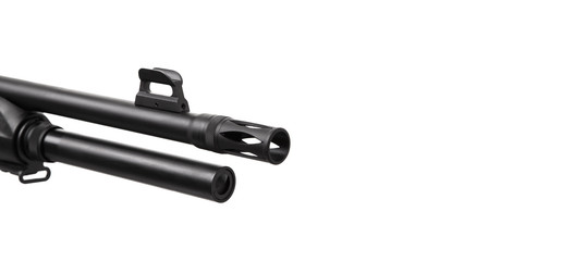 Modern semi-automatic tactical shotgun isolate on white back. Smoothbore weapons for sports, hunting and self-defense.