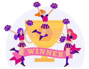 Obraz na płótnie Canvas Cheer Team Jumps with Pompons near the Gold Cup and Ribbon Winner. Winner Concept in Cartoon Flat Style, Vector Stock Illustration