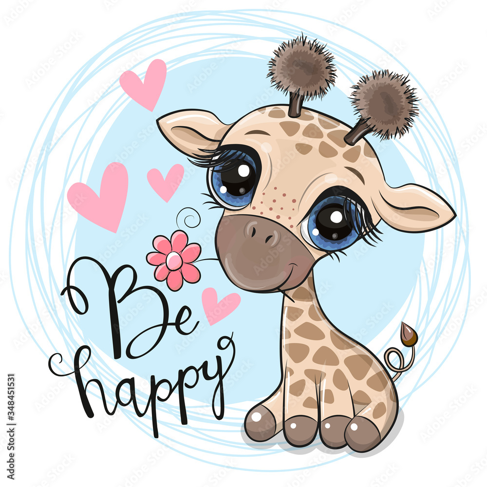 Wall mural Cute Cartoon Giraffe with flower on a blue background