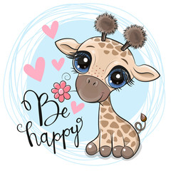 Cute Cartoon Giraffe with flower on a blue background