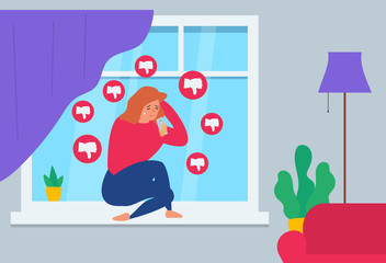 sad crying woman sitting at home with smartphone dislike messages social media mobile device concept