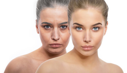 Young fresh beautiful girl and old woman with wrinkles, dark circles and and gray hair. Beauty...