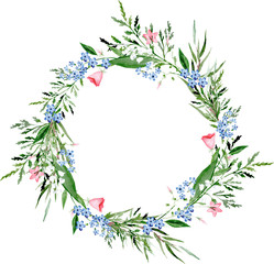 Watercolor lily of the valley, wild flowers and ferns wreath.
