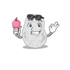 A cartoon drawing of white planctomycetes holding cone ice cream