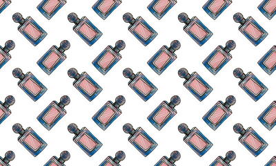 Seamless pattern with hand drawn perfume bottles. Beauty and fashion accessory