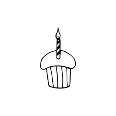 Cute doodle muffin with candle. Hand drawn vector illustration for cards, posters, stickers and professional design, web design, logo. Isolated on white background.