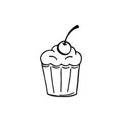 Cute doodle muffin with cherry. Hand drawn vector illustration for cards, posters, stickers and professional design, web design, logo. Isolated on white background.