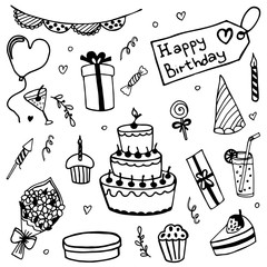 Set of elements for birthday in doodle style. Hand drawn vector illustration for cards, posters, stickers and professional design, web design, logo. Isolated on white background.