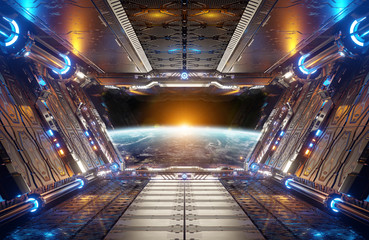 Fototapety  Pomarańczowe i niebieskie futurystyczne wnętrze statku kosmicznego z widokiem z okna na renderowanie 3d planety Ziemia