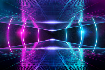 Abstract background pathway leading to blue and pink neon light circle reflecting on the floor 3D rendering