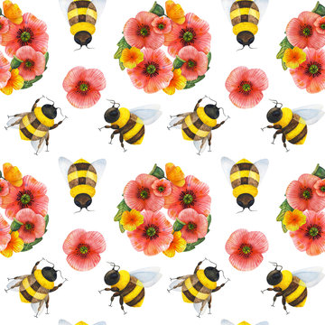 Bees and wildflowers. Seamless pattern with insects and red poppies on a white background. Summer ornament. Day of the beekeeper. The world day of protection of bees. Stock images for printing