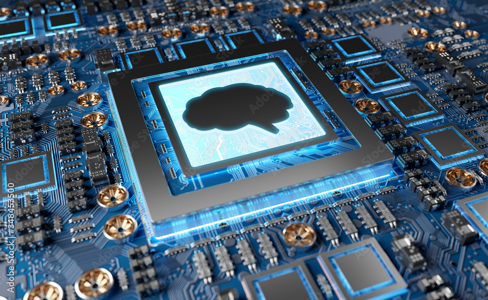 Poster artificial intelligence in a modern gpu card 3d rendering