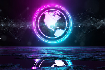Digital web holographic icon illuminating the floor with blue and pink neon light 3D rendering