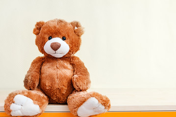 Brown stuffed plush toy Teddy bearsits on shelf in children bedroom.