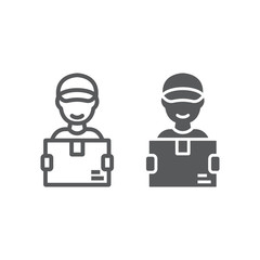 Delivery man line and glyph icon, courier and delivery, man holding box sign vector graphics, a linear icon on a white background, eps 10.