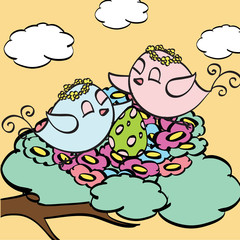 Cute Easter birds in love. Spring illustrations