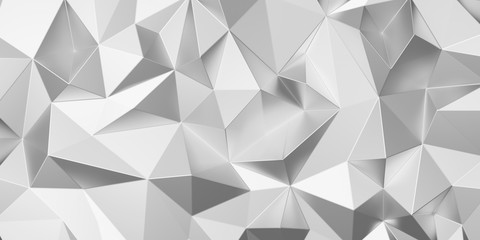 Abstract triangle background in studio room. 3d gray triangle pattern design. 3d rendering for wallpaper, backdrop, banner. Monochrome seamless pattern geometric shapes. Silver metal texture.