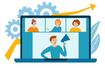  Work at home. Colleagues communicate video call. On screen man, woman, man with megaphone. Vector Concept illustration in flat cartoon style. 
