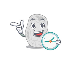 mascot design style of white planctomycetes standing with holding a clock