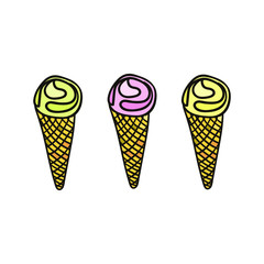 Set of vector ice cream cones in doodle style isolated on white background. Hand drawn ice cream. Food design elements.