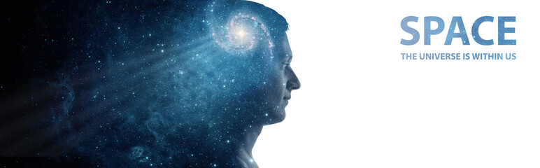Silhouette of man with the galaxy as a brain isolated on white background. The universe is within...