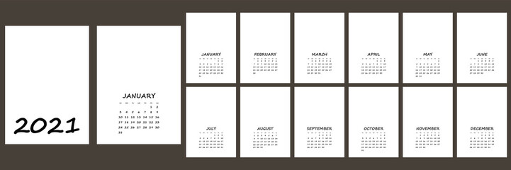 Calendar 2021 yearly. Week starts on Sunday. Template, vector illustration. 