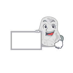 Cartoon character design of white planctomycetes holding a board