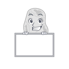 White planctomycetes cartoon design style standing behind a board