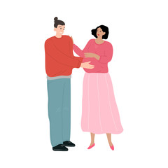 Happy smiling father embracing the belly of his pregnant wife. Vector illustration in the flat cartoon style.