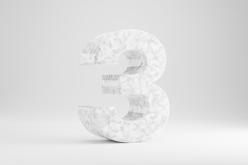 Marble 3d number 3. White marble number isolated on white background. Glossy marble stone alphabet. 3d rendered font character.
