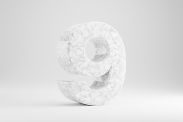 Marble 3d number 9. White marble number isolated on white background. Glossy marble stone alphabet. 3d rendered font character.