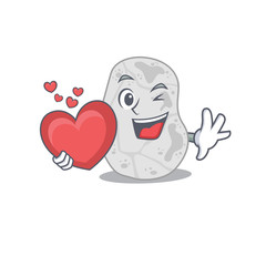 A sweet white planctomycetes cartoon character style holding a big heart