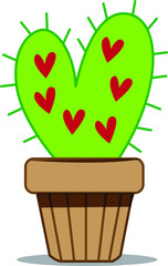 Cactus vector image, with hearts in a pot, with shadows, on a white background.