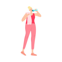 Fototapeta na wymiar Fitness girl drinking water from the bottle after exercise. Vector illustration in cartoon style.