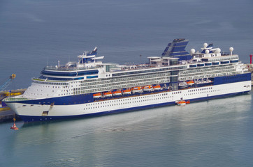 Celebrity Cruises cruiseship or cruise ship liner Celebrity Infinity in port of Arica, Chile with...
