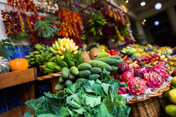 Fresh exotic fruits at Mercado Dos Lavradores in Funchal at Madeira island, Portugal