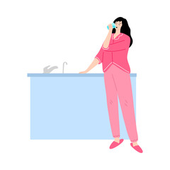 The young woman in pink home clothes standing with a glass of water in the kitchen. Vector illustration in cartoon style