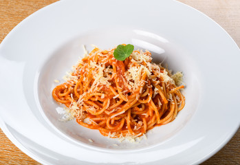 Spaghetti Napoli with Neapolitan sauce, Napoli sauce or Napoletana sauce, spaghetti Napoli