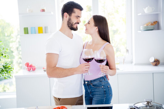 Profile side photo of two people married bonding spouses have passionate date evening dinner meal hold wine glass cheers toast clink woman man hug embrace tender in house kitchen indoors