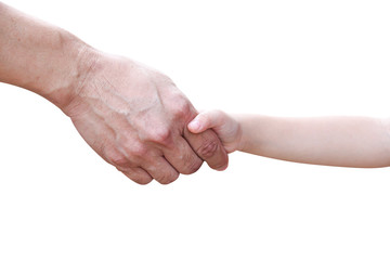 Asian little child daughter hand shaking hands with her father hand  isolated on white background  clipping path