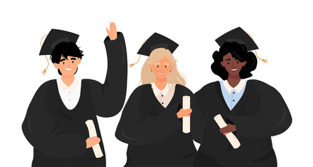 The guy and the girls are graduates. Graduates of different nationalities. Flat vector portrait of graduates in uniform in cartoon style. Joyful graduates of a school or university with diplomas.
